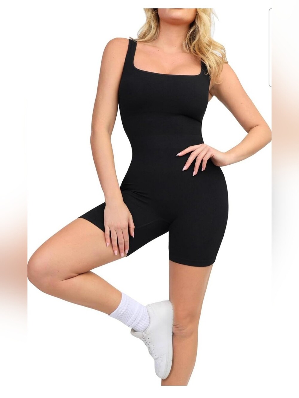Popilush Women's Black Ribbed Square Neck Shapewear Tummy Control Romper Size XL